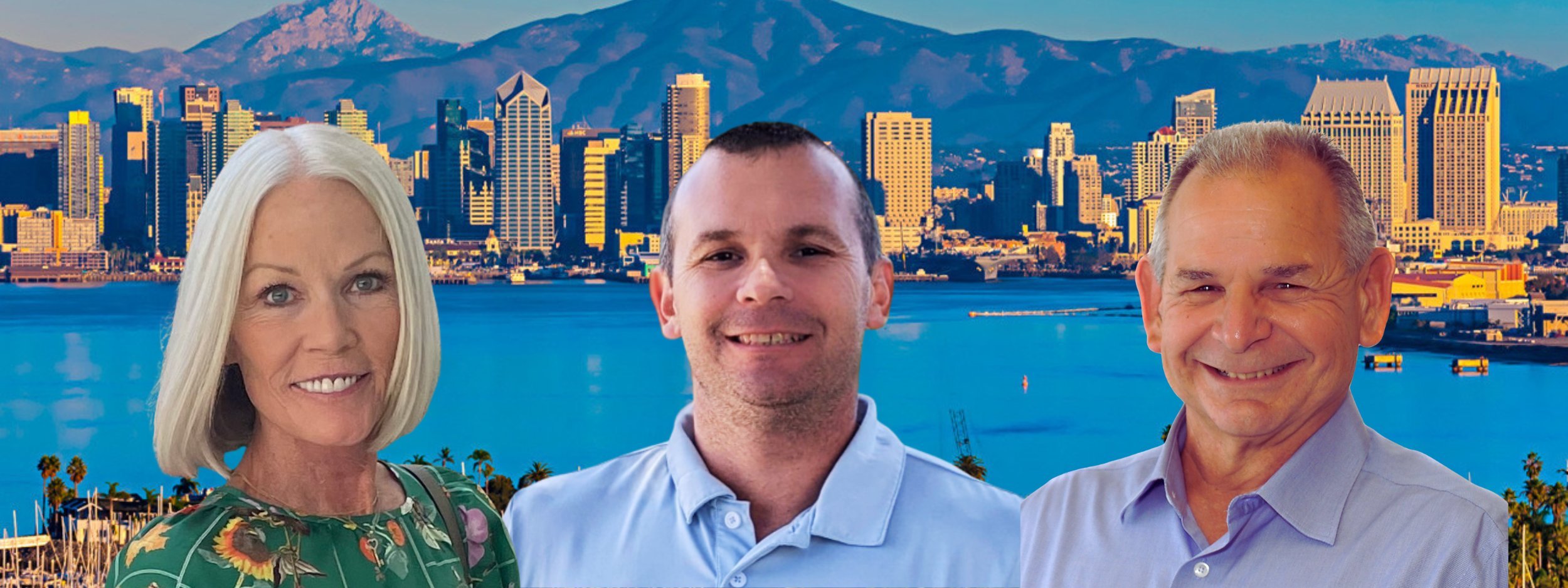 Carrie Jakaby, Nick Renaldi, and Steve Renaldi with the San Diego skyline